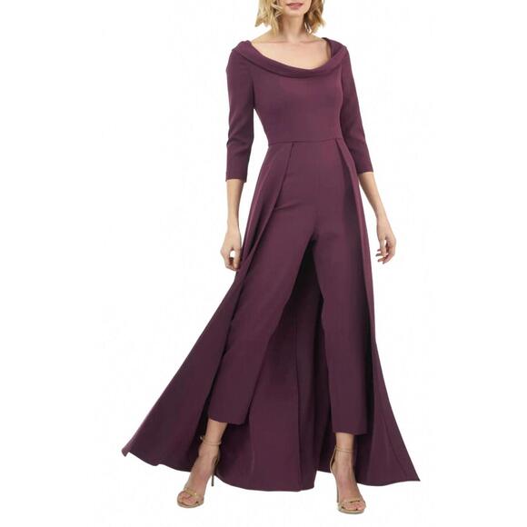 NEW KAY UNGER fold over solid stretch crepe jumpsuit in plum